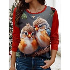 dames t-shirt casual print lange mouw normale tops ronde hals dagelijks rood lente herfst