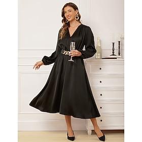 Dame Svart kjole Midikjole Rynket Beltet Formelt V-hals Langermet Svart Farge