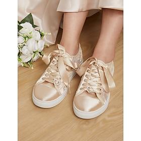 Champagne Satin Bridal Sneakers with Lace Details and Rhinestone Heart Charm - Comfortable Wedding Shoes for Women