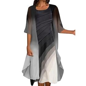 kvinners ombre rund hals lang kjole maxi kjole 3/4 lengde erme vår høst