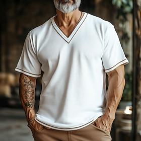 Men's T shirt Tee Short Sleeve Solid Color Plain Casual Buttons V Neck Outdoor Casual Daily Summer Spring   Fall White Henley T-Shirt
