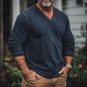 Men's T shirt Long Sleeve Shirt Long Sleeve Solid Color Vintage Contrast Stitching V Neck Outdoor Causal Casual Spring Fall Spring   Fall Blue Henley T-Shirt