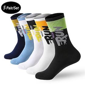 Men's 5 Pairs Multi Packs Socks Crew Socks Running Socks Casual Socks Black White Color Color Block Letter Vacation Sports  Outdoor Daily Basic Medium Spring F