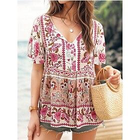 Women's Shirt Blouse Bohemia Casual Print Short Sleeve Regular Tops V Neck Daily White Pink Navy Blue Summer Spring