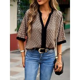 Dames Overhemd Blouse Casual Afdrukken 3/4 mouw Normale tops V-hals Dagelijks Wit Blozend Roze Bruin Zomer Lente  Herfst
