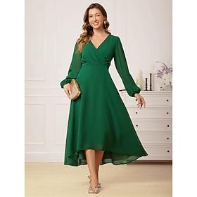 Women's Swing Dress Midi Dress Plus High Low Formal V Neck Long Sleeve Green Color
