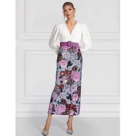 Purple Sequined Sheath / Column Evening Gown Elegant Dress Formal Wedding Ankle Length Long Sleeve V Neck Belt with Slit Embroidery Appliques 2024