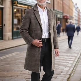 Men's Overcoat Trench Coat Long Trench Coat Vacation Daily Fall Winter Polyester Thermal Warm Windproof Outerwear Clothing Apparel Fashion Classic Plaid Pocke