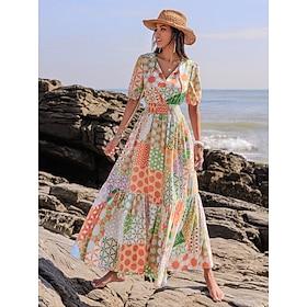 Women's Casual Dress Floral Geometric Patchwork Print V Neck Lantern Sleeve Maxi Dress Casual Boho Home Work Short Sleeve Summer Spring