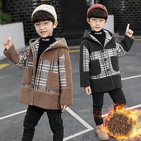 Kids Boys Trench Coat Outerwear Plaid Long Sleeve Patchwork Coat School Fashion Daily Khaki Gray Fall Winter 4 years
