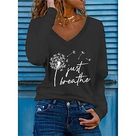 Women's T Shirt Stylish Basic Casual Letter Patchwork Print Flutter Sleeve Long Sleeve Regular Tops V Neck Vacation Daily Weekend Black White Red Green Spring