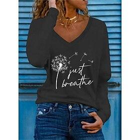 Women's T Shirt Stylish Basic Casual Letter Patchwork Print Flutter Sleeve Long Sleeve Regular Tops V Neck Vacation Daily Weekend Black White Red Green Spring