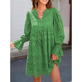 Women's Casual Dress Mini Dress Eyelet Casual V Neck Long Sleeve White Green Color