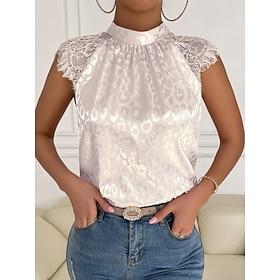 Damen Hemd Bluse Brautkleider schlicht Spitze Bedruckt Kurzarm Normale Oberteile Rundhalsausschnitt Täglich Schwarz Wein Beige Sommer