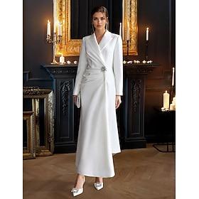 A-Line Evening Gown Elegant Dress Formal Wedding Guest Floor Length Long Sleeve V Neck Satin with Rhinestone 2024