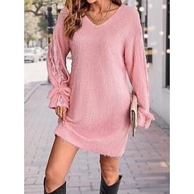 Women's Sweater Dress Mini Dress Lace Patchwork Warm Casual V Neck Long Sleeve Pink Color