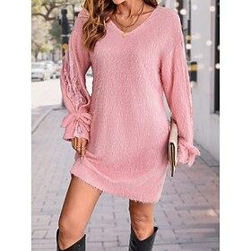 Women's Sweater Dress Mini Dress Lace Patchwork Warm Casual V Neck Long Sleeve Pink Color