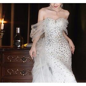 Bryllupskjoler A-linje Løse skuldre Kortermet Kapell Tog Tyll Brudekjoler Med Perlearbeid Appliqué 2024