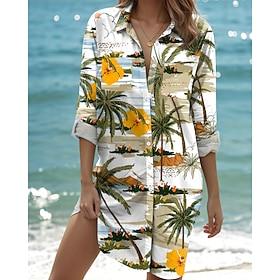 Dame Bluse Stilfull Strandstil Trykt mønster Langermet Lange topper Skjortekrage Feriereise Gul Vår Høst