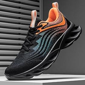 Klassieke zwarte en oranje gebreide sneakers voor heren met golvende zool - comfortabel en ademend, perfect voor casual gebruik