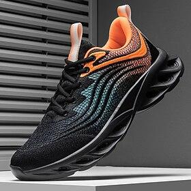 Klassieke zwarte en oranje gebreide sneakers voor heren met golvende zool - comfortabel en ademend, perfect voor casual gebruik