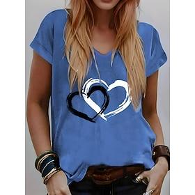 Valentine Women's Heart T Shirt Basic Regular Tops Short Sleeve V Neck Print Regular Fit Valentine Weekend Red Blue Purple Green Gray