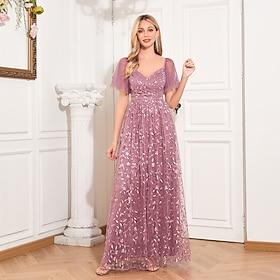 A-linje Kveldskjoler Elegant Kjole Festklær Skoleball Gulvlengde Ermeløs V-hals Høstens bryllupsgjest Tyll Ribbet ryggutringing med Broderi 2024