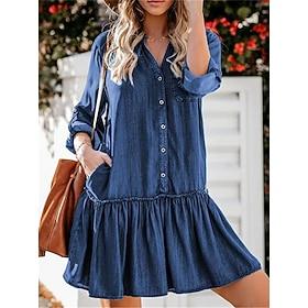 Dame Denimkjoler Mini kjole Drapering Lapper Fritid V-hals Langermet Blå Farge