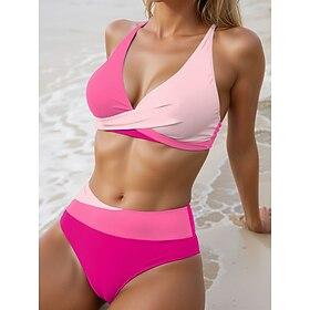 Women's Swimwear Bikini 2 Piece Cheeky Swimsuit Backless Vacation Beach Wear Color Block Halter Neck Sleeveless Bathing Suits