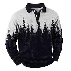 Men's Graphic Leaf Flannel Polo Shirt Long Sleeve Polo Shirts Collared Shirts Casual Outdoor Dailywear Outdoor clothing 3D Print Black-white