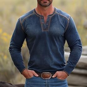 Men's T shirt Henley Shirt Henley Top Long Sleeve Solid Color Vintage Patchwork Henley Outdoor Causal Casual Spring Fall Spring   Fall Blue Henley T-Shirt