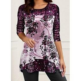 Women's Shirt Blouse Casual Print Long Sleeve Regular Tops Crew Neck Daily White Purple Spring   Fall