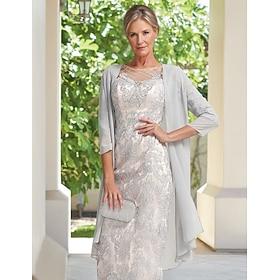 Two Piece Sheath / Column Dress Suit Mother of the Bride Dress Elegant Jewel Neck Knee Length Chiffon Lace 3/4 Length Sleeve Wrap Included Jacket Dresses with