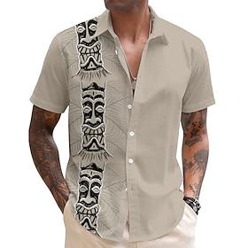 Men's Mask Bandana Print Tiki Casual Shirt Button Up Shirt Aloha Shirt Short Sleeve Tribal Holiday Summer Spring Turndown Button Up Blue Green Beige Gray