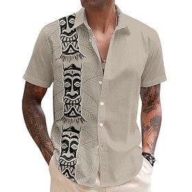 Men's Mask Bandana Print Tiki Casual Shirt Button Up Shirt Aloha Shirt Short Sleeve Tribal Holiday Summer Spring Turndown Button Up Blue Green Beige Gray