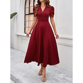 Damen Casual kleid Maxidress Rüschen Brautkleider schlicht V Ausschnitt Kurzarm Rosa Wein Marineblau Farbe