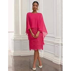 Sheath / Column Mother of the Bride Dress Elegant Jewel Neck Knee Length Chiffon Half Sleeve with Beading 2024