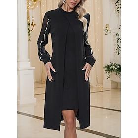 Damen schwarzes kleid Minikleid Patchwork Drapiert Elegant Ausgefallene Rundhalsausschnitt Langarm Schwarz Farbe