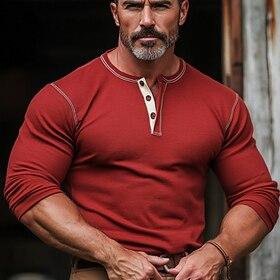 Men's T shirt Henley Shirt Henley Top Long Sleeve Solid Color Vintage Patchwork Henley Outdoor Causal Casual Spring Fall Spring   Fall Retro Red Henley T-Shirt