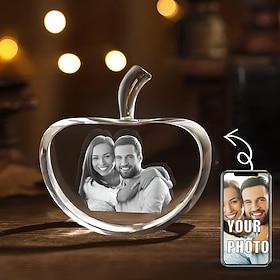Personalized 3D Engraved Crystal Photo Gift Custom Apple Shaped Holographic Laser Photo Decoration Birthday,Valentine's Wedding Memorial, Mother's Day,Christma