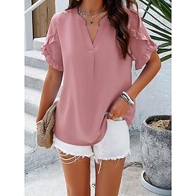 Dames Overhemd Blouse Basic Casual Ruche Korte mouw Normale tops Dagelijks Blozend Roze blauw Khaki Zomer