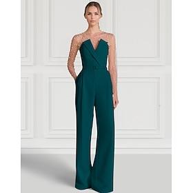 Jumpsuits Evening Gown Elegant Dress Formal Wedding Floor Length Long Sleeve Illusion Neck Pocket Stretch Crepe with Pearls Pocket 2024