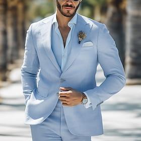 herre bryllup lin dresser himmelblå ensfarget 2 deler strand bryllup mote casual standard passform enkeltspent to-knapper 2024