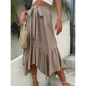 Dames Rok A-lijn Maxi Rokken Ruche Effen Straat Dagelijks Lente  Herfst Polyester Modieus Casual Khaki
