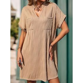 Women's Casual Dress Mini Dress Pocket Casual V Neck Short Sleeve Khaki Color