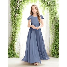 A-linje Gulvlengde Blomsterpikekjole Bryllupsfest Jenter Søt ballkjole Chiffon med Bølgemønster Elegant Passer 3-16 år