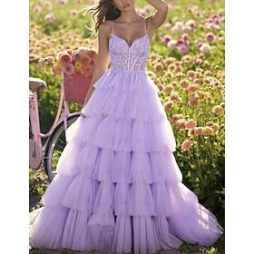 A-Line Prom Dresses Elegant Dress Carnival Wedding Guest Sweep / Brush Train Sleeveless V Neck Lace with Beading 2024