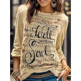Dames T-shirt Modieus Modern Casual Afdrukken Lange mouw Normale tops Strakke ronde hals Dagelijks Weekend blauw Khaki Grijs Herfst Winter
