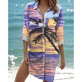 Dame Bluse Hawaiisk Stilfull Trykt mønster Kortermet Vanlige topper Skjortekrage Feriereise Lilla Vår Høst