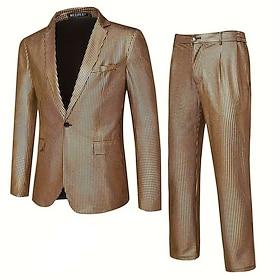 Men's Set Blazer Stage Cocktail Party Wedding Party Fashion Casual Spring Fall 65% Cotton Plain Buttons Pocket Comfortable Single Breasted Blazer Silver Sky